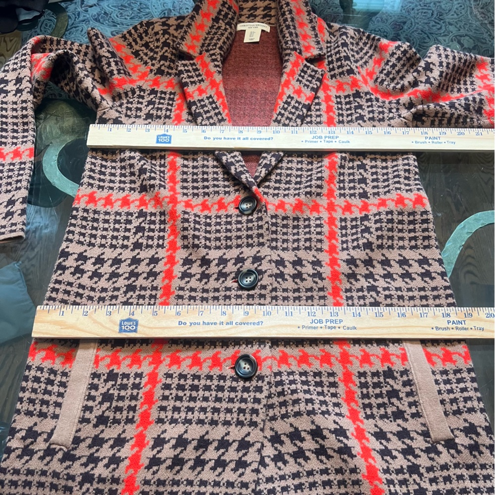 Christian Siriano Houndstooth Red Tan Black Long Knit Sweater Pockets Size Small - Picture 8 of 8